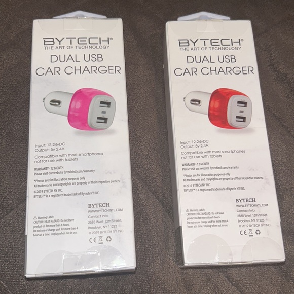 NEW IN BOX - 2.4 AMP DUAL USB CAR CHARGER (TWO!!) PINK AND RED - BYTECH - Picture 6 of 6